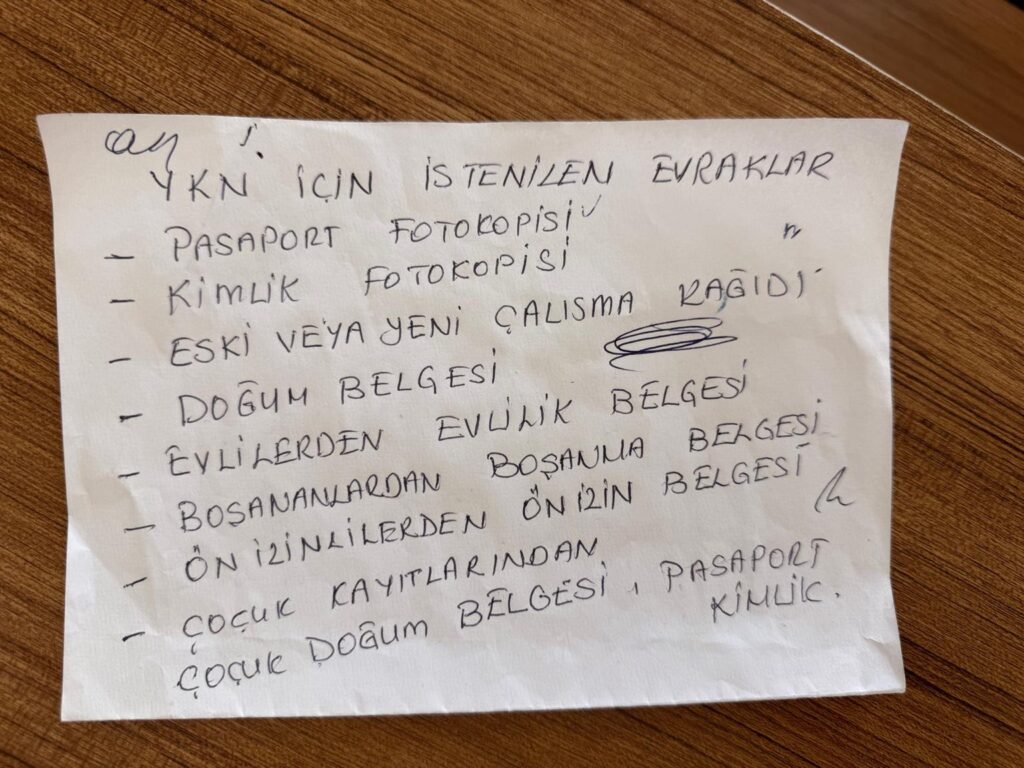 Yabancı kimlik numarası (YKN) başvurusu için istenen evrakların el yazısı listesi